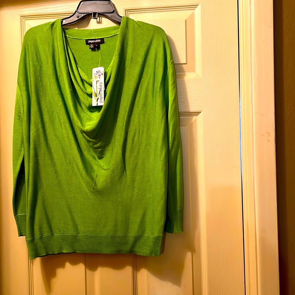 Paperwhite silk top with cowl neck and long sleeved. NWT Size L